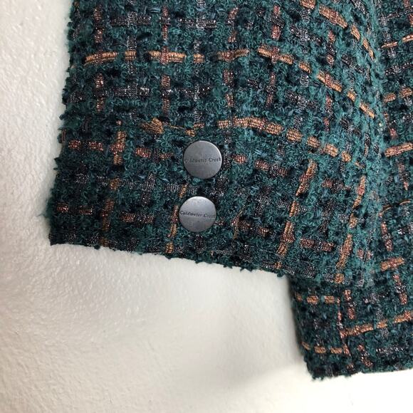 Coldwater Creek Classic Green Blue Metallic Bronze Tweed Zip Moto Jacket Blazer - Picture 11 of 12